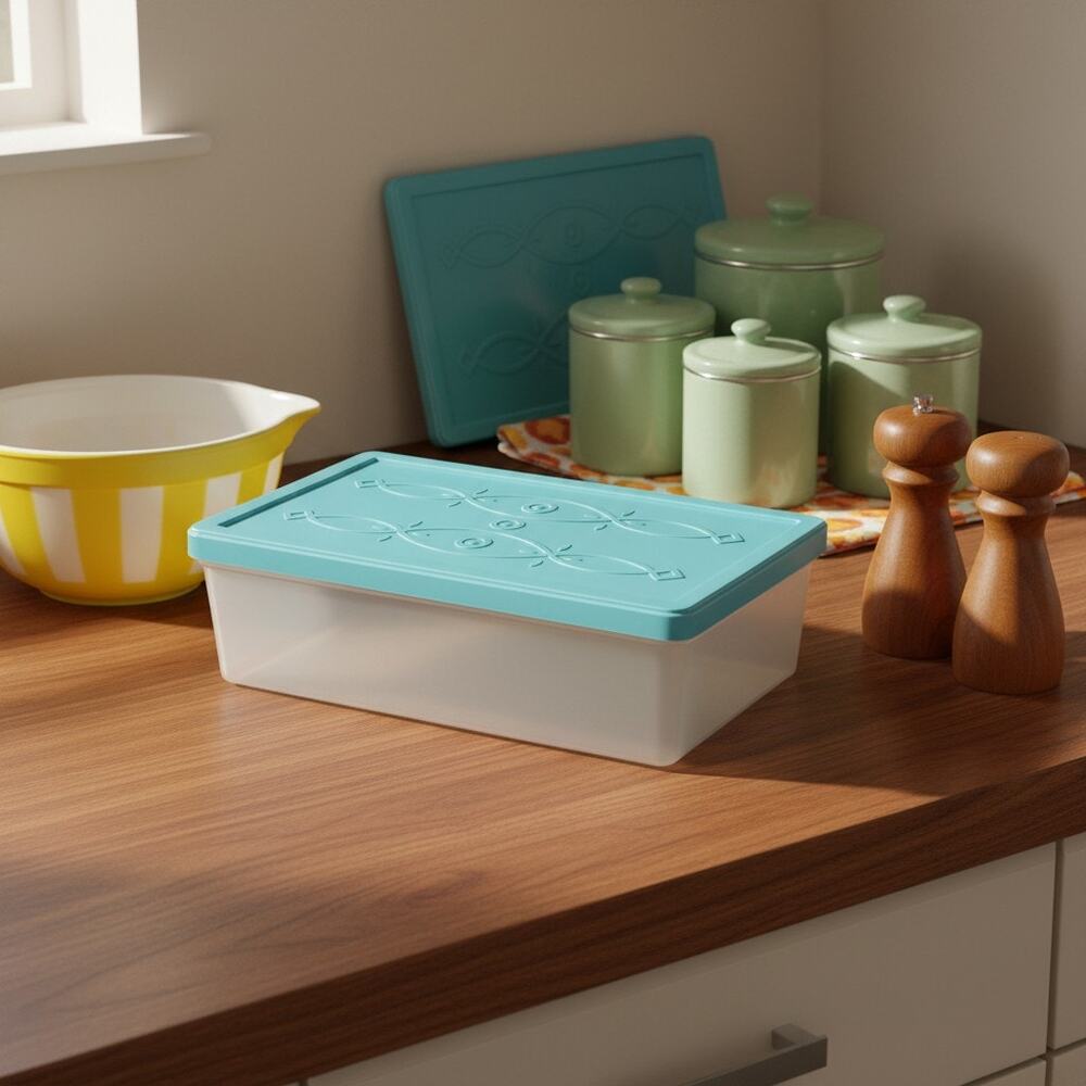 Vintage Mid Century Plastic Storage Box-Teal Lid-Organizer-Sewing-Craft-Kitchen
